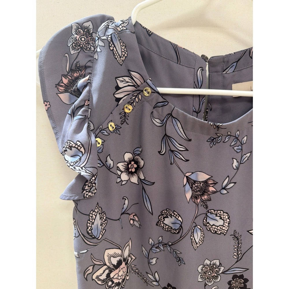 LOFT Floral Flutter Sleeve Shift Dress Blue Pink Gold Button Detail XS - Picture 3 of 5